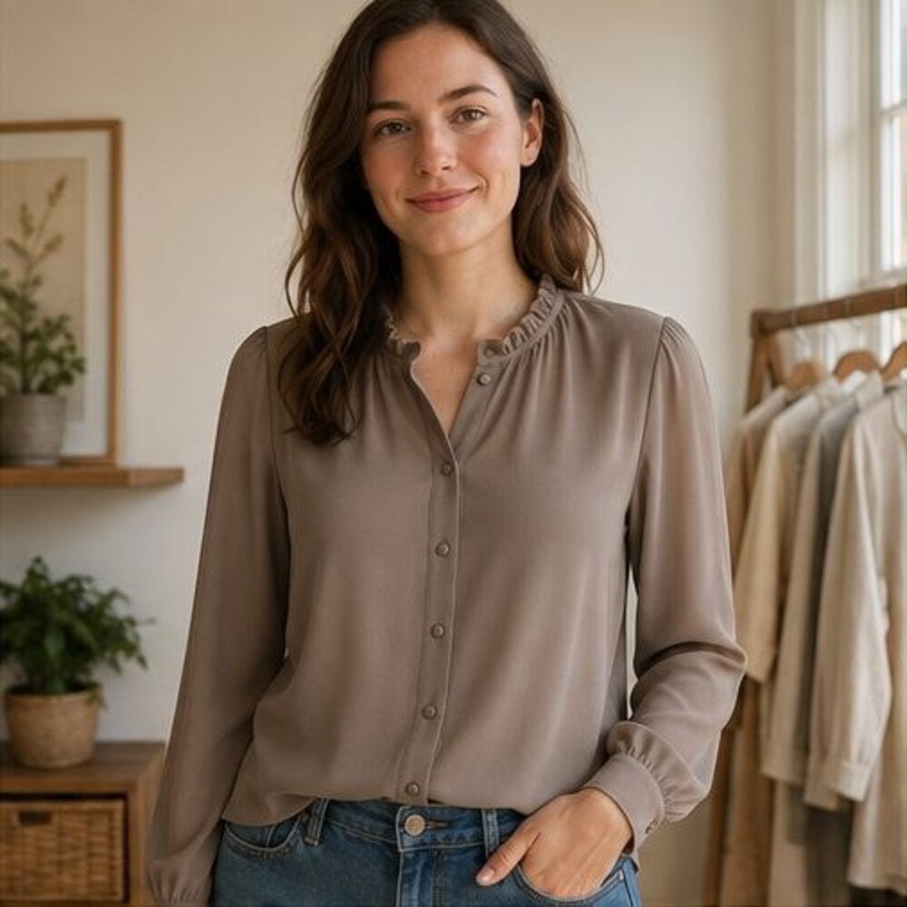 Taupe Ruffle Collar Blouse - Picture 2 of 6